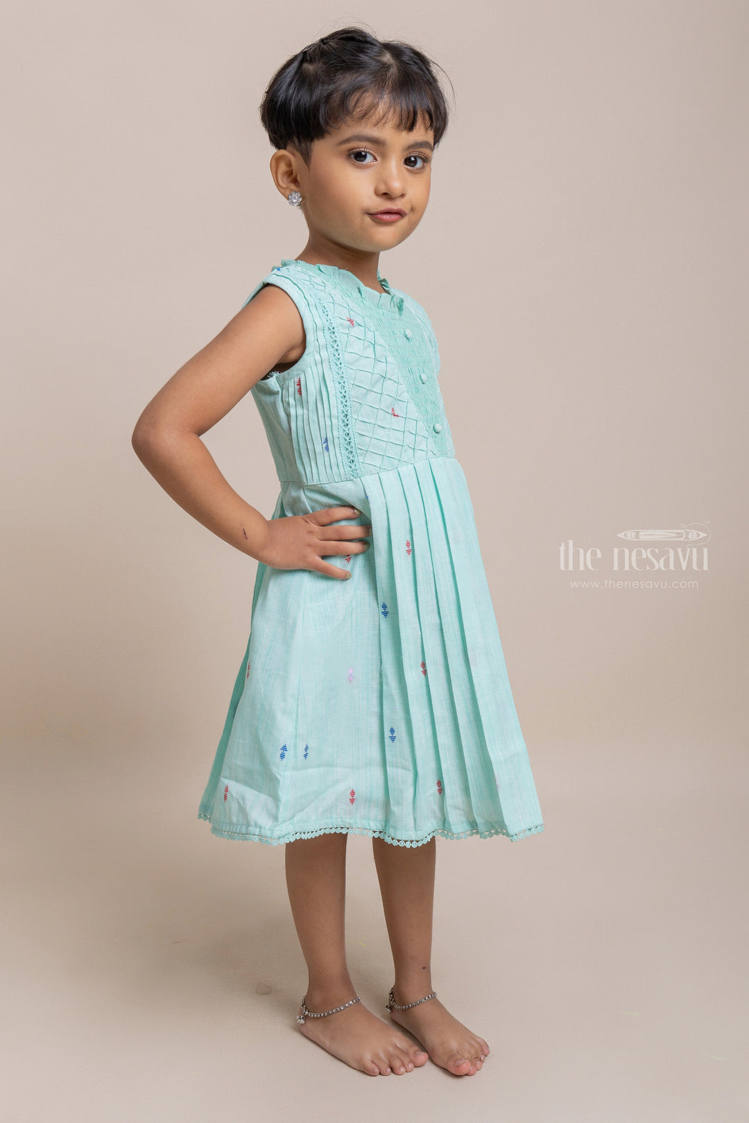 The Nesavu Girls Cotton Frock Charming Sea Green Sleeveless Pleated Casual Cotton Frock For Girls Nesavu Fantastic Cotton Frocks For Girls | Latest Girls Frock Collection | The Nesavu