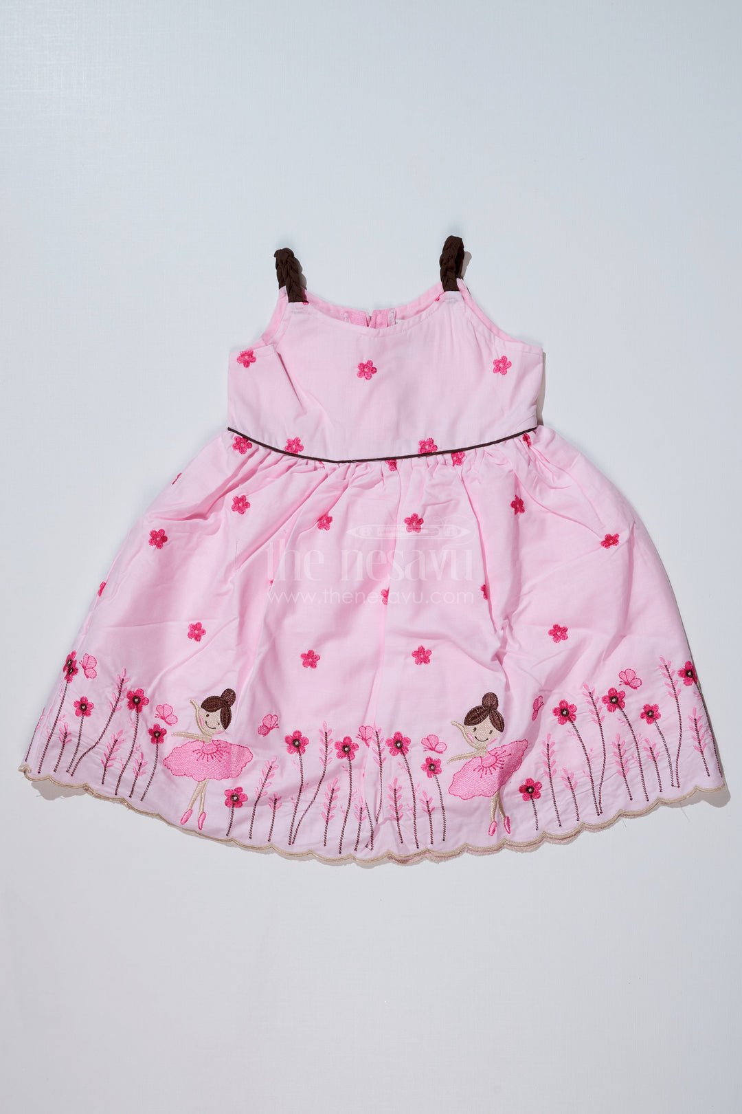 The Nesavu Girls Cotton Frock Charming Sleeveless Cotton Frock for Girls with Embroidery and Floral Details Nesavu 20 (3Y) / Pink GFC1614A-20 Sleeveless Cotton Frock Girls Embroidery Floral Details | The Nesavu