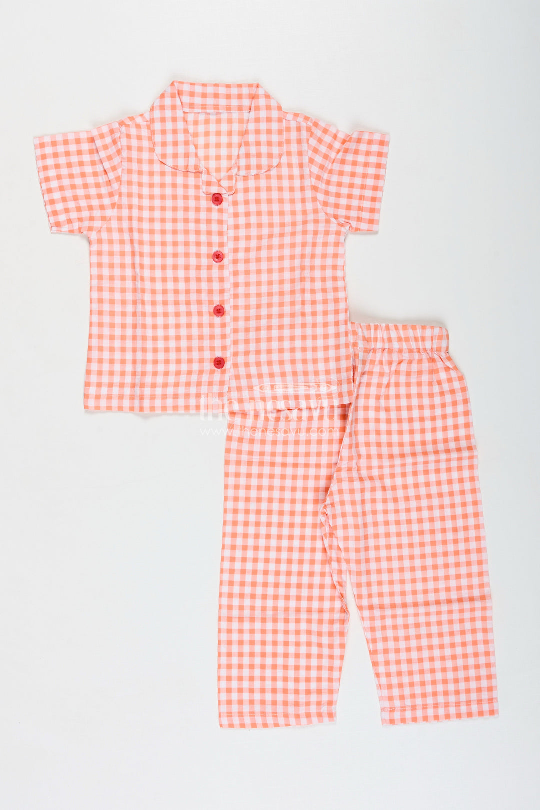 The Nesavu Girls Co-Ord Sets Check Print Cotton Coord Set for Baby Girls Nesavu 16 (1Y) / Orange GPS707A-16 Nesavu Peach Check Seersucker Cotton Co-Ord Set Baby Girls Breathable Lightweight Design