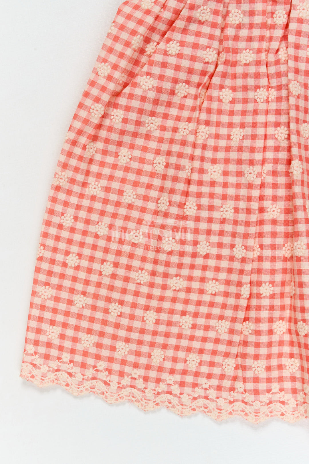 The Nesavu Girls Cotton Frock Checked Cotton Frock for Girls with Delicate Floral Embroidery and Lace Hem Nesavu Nesavu cotton gingham frock for girls with chikankari embroidery and lace hemline