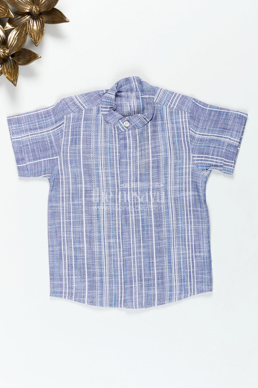 The Nesavu Boys Cotton Shirt Checked Cotton Shirt in Indigo Blue for Boys with Textured Vertical Weave and Smart Collar Design Nesavu 16 (1Y) / Blue BS290A-16 Nesavu Checked Cotton Shirt Boys Indigo Blue Vertical Stripe Weave All-Day Comfort