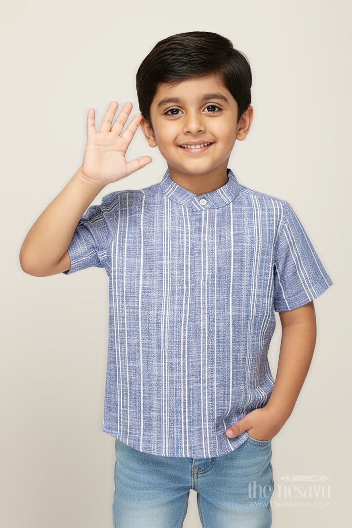 The Nesavu Boys Cotton Shirt Checked Cotton Shirt in Indigo Blue for Boys with Textured Vertical Weave and Smart Collar Design Nesavu 16 (1Y) / Blue BS290A-16 Nesavu Checked Cotton Shirt Boys Indigo Blue Vertical Stripe Weave All-Day Comfort
