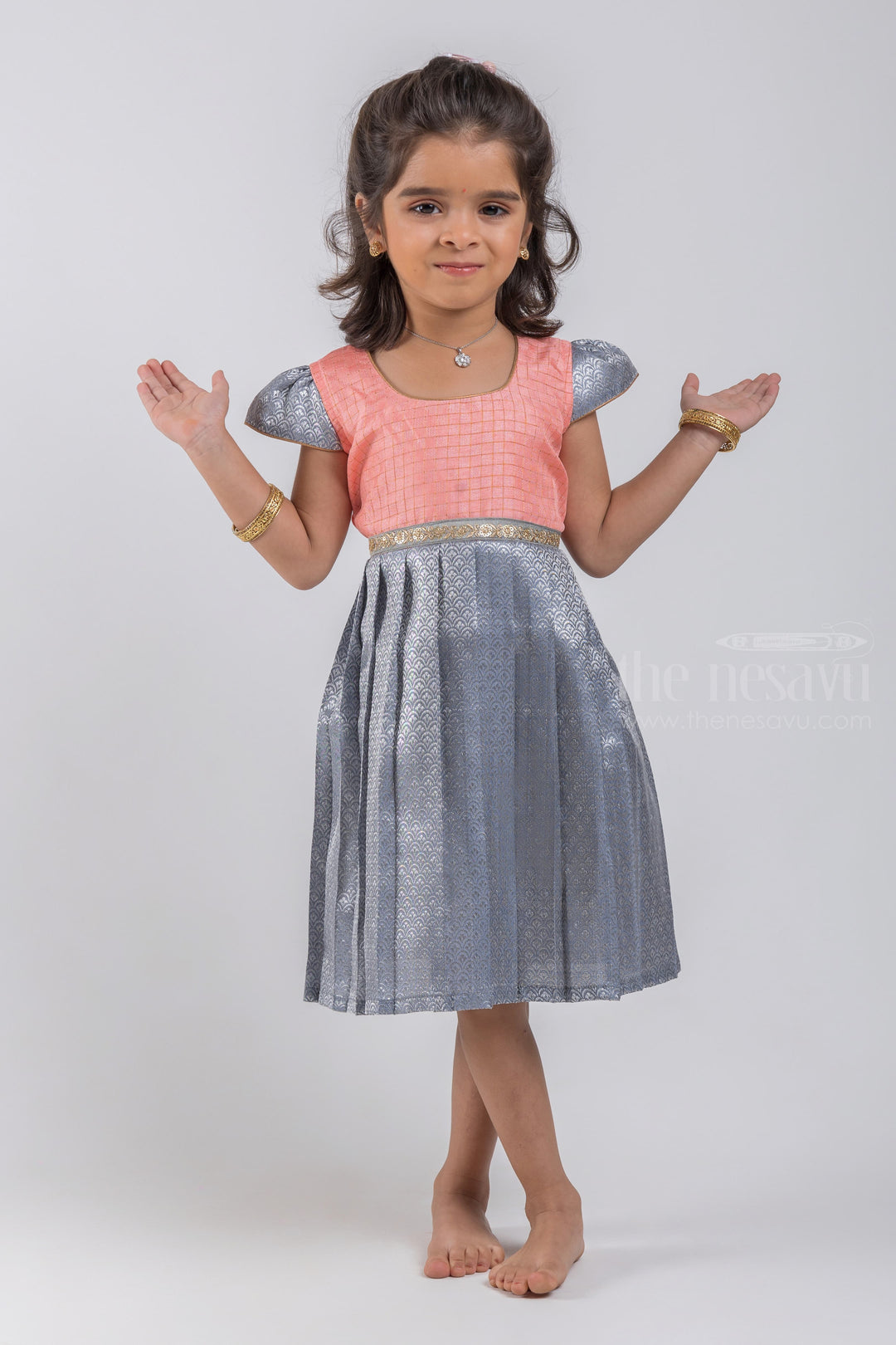 The Nesavu Silk Embroidered Frock Checkered Pattern Salmon Pink Yoke and Knife Pleated Brocade Designer Gray Silk Frock for Girls Nesavu 16 (1Y) / Gray / Jacquard SF617A-16 Brocade Designer Frock | Premium Silk Frock For Girls | The Nesavu