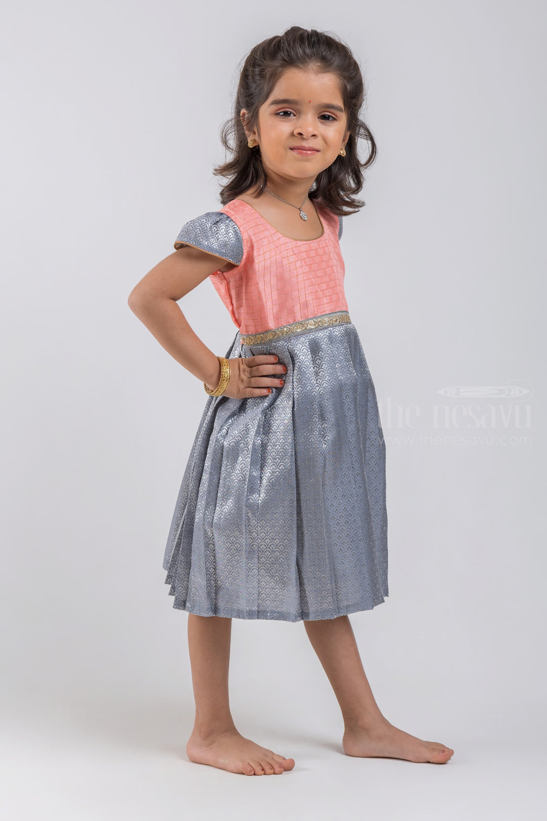 The Nesavu Silk Embroidered Frock Checkered Pattern Salmon Pink Yoke and Knife Pleated Brocade Designer Gray Silk Frock for Girls Nesavu Brocade Designer Frock | Premium Silk Frock For Girls | The Nesavu