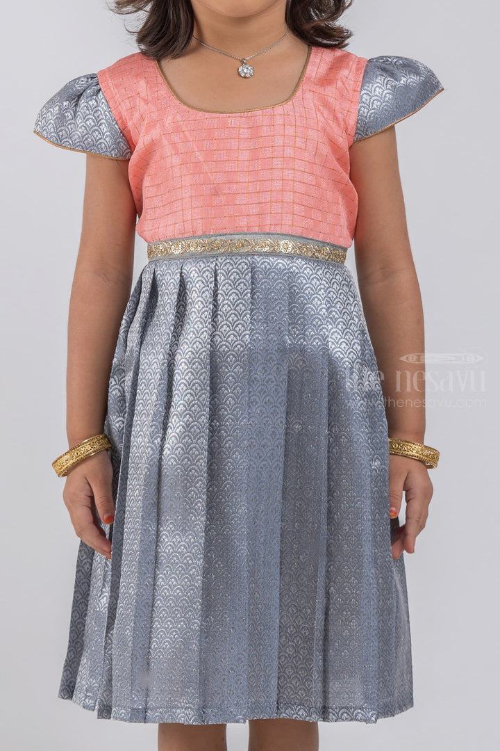 The Nesavu Silk Embroidered Frock Checkered Pattern Salmon Pink Yoke and Knife Pleated Brocade Designer Gray Silk Frock for Girls Nesavu Brocade Designer Frock | Premium Silk Frock For Girls | The Nesavu