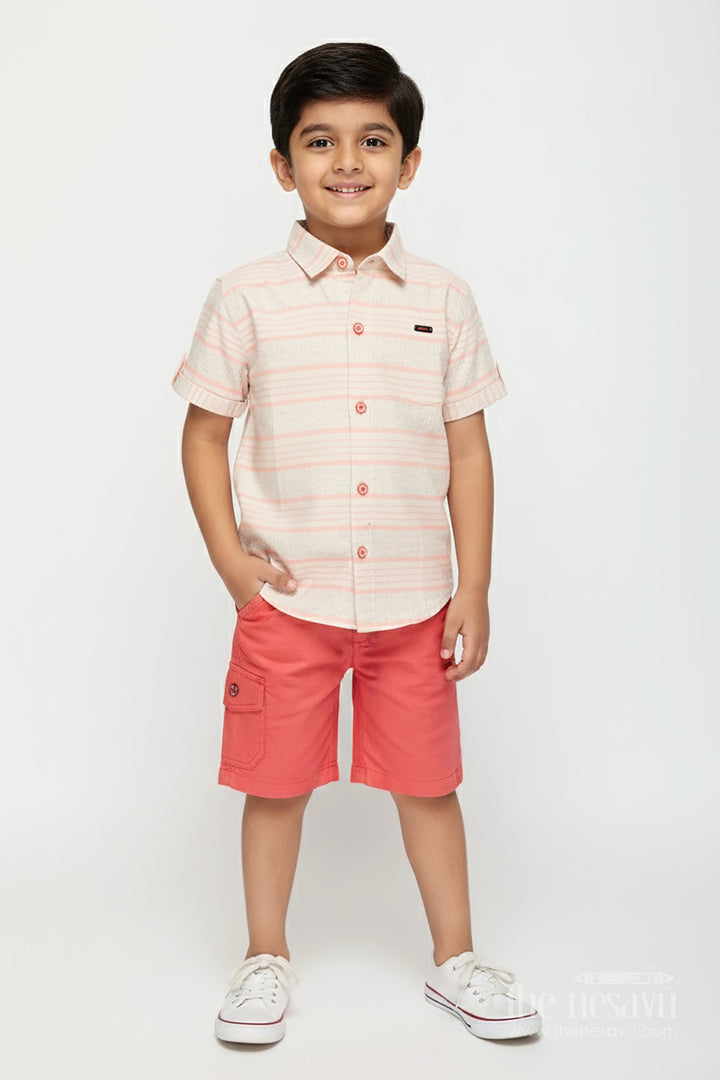 The Nesavu Boys Casual Set Checkered Shirt Outfit for Toddler Boys with Shorts Nesavu 16 (1Y) / Peach BCS351A-16 Nesavu Classic Striped Cotton Shirt Set Toddler Boys Coral Red Shorts Smart Fit