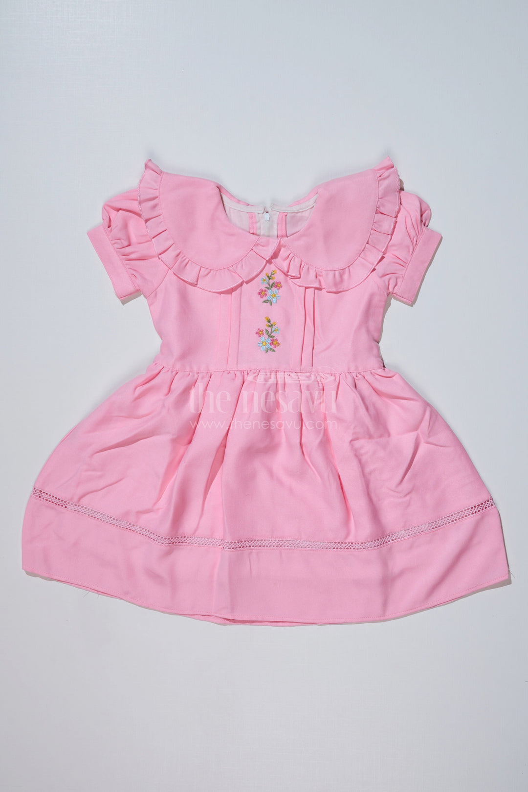 The Nesavu Girls Fancy Frock Chhote Bacche Ka Frock in Poly Blended Fabric with Embroidery and Ruffle Collar Nesavu 20 (3Y) / Pink GFC1622A-20 Chhote Bacche Ka Frock Poly Blended Fabric Embroidery Ruffle Collar | The Nesavu