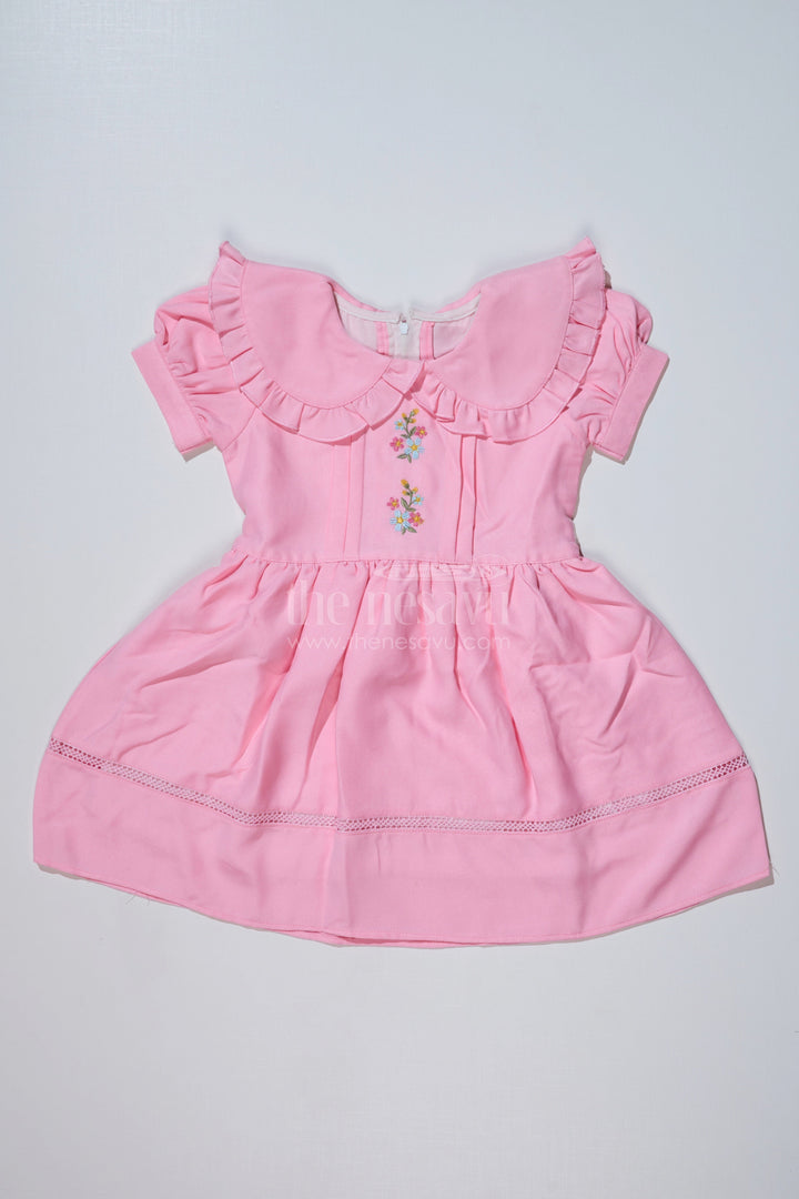 The Nesavu Girls Fancy Frock Chhote Bacche Ka Frock in Poly Blended Fabric with Embroidery and Ruffle Collar Nesavu 20 (3Y) / Pink GFC1622A-20 Chhote Bacche Ka Frock Poly Blended Fabric Embroidery Ruffle Collar | The Nesavu