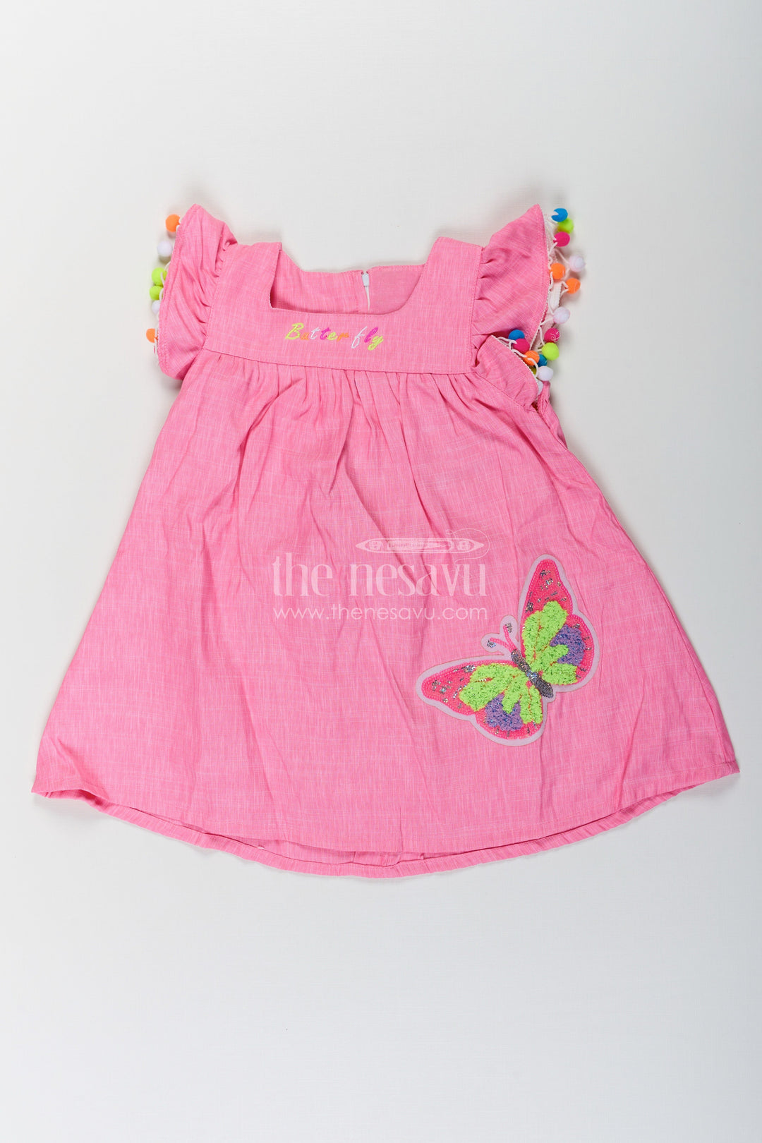 The Nesavu Baby Cotton Frocks Chhote Bacchon Ke Liye Frock in Pink Cotton Blend with Pom Poms and Butterfly Patch Embroidery Nesavu 14 (6M) / Pink BFJ759B-14 Pink Frock Chhote Bacchon Pom Pom Sleeves Sequin Butterfly Patch | The Nesavu
