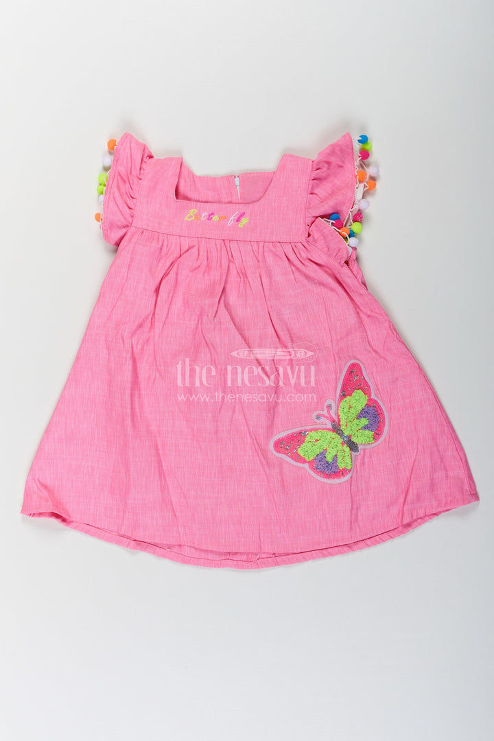 The Nesavu Baby Cotton Frocks Chhote Bacchon Ke Liye Frock in Pink Cotton Blend with Pom Poms and Butterfly Patch Embroidery Nesavu 14 (6M) / Pink BFJ759B-14 Pink Frock Chhote Bacchon Pom Pom Sleeves Sequin Butterfly Patch | The Nesavu