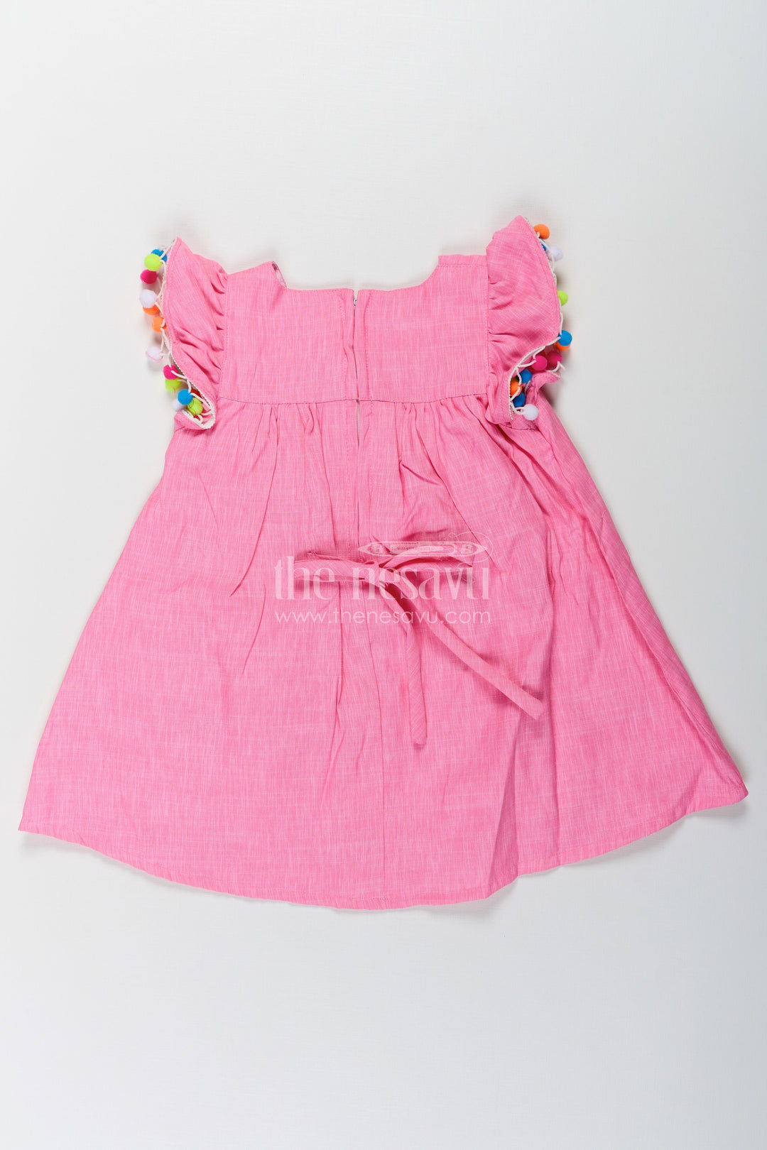 The Nesavu Baby Cotton Frocks Chhote Bacchon Ke Liye Frock in Pink Cotton Blend with Pom Poms and Butterfly Patch Embroidery Nesavu Pink Frock Chhote Bacchon Pom Pom Sleeves Sequin Butterfly Patch | The Nesavu