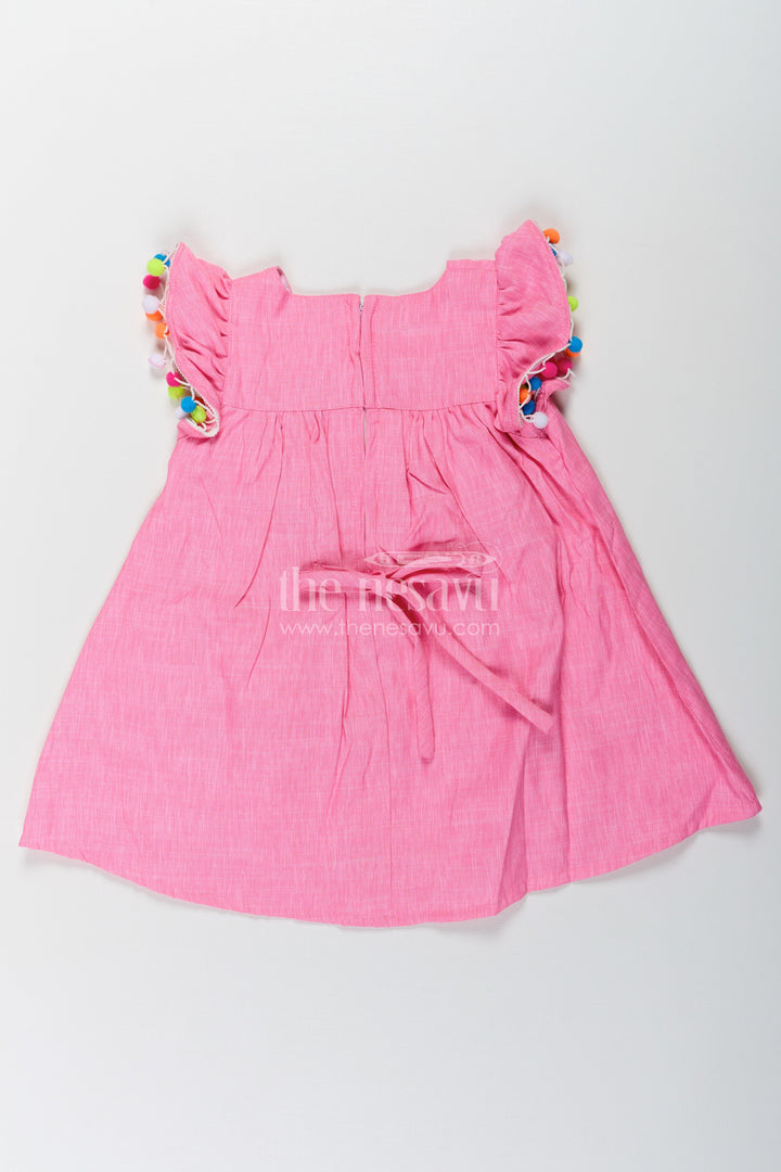 The Nesavu Baby Cotton Frocks Chhote Bacchon Ke Liye Frock in Pink Cotton Blend with Pom Poms and Butterfly Patch Embroidery Nesavu Pink Frock Chhote Bacchon Pom Pom Sleeves Sequin Butterfly Patch | The Nesavu