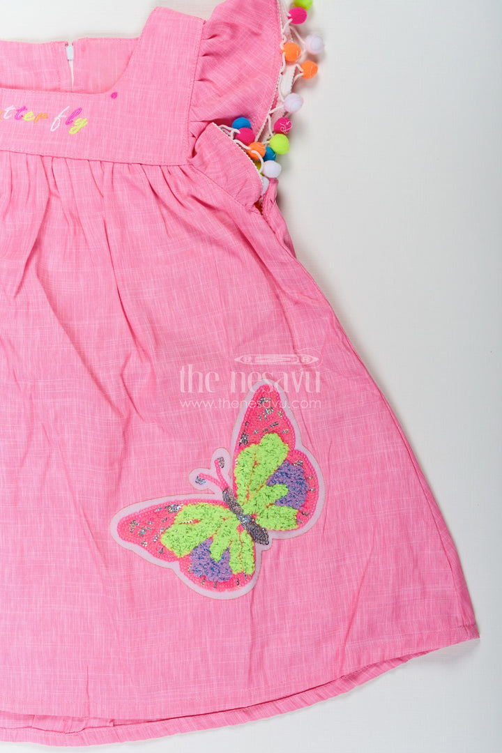 The Nesavu Baby Cotton Frocks Chhote Bacchon Ke Liye Frock in Pink Cotton Blend with Pom Poms and Butterfly Patch Embroidery Nesavu Pink Frock Chhote Bacchon Pom Pom Sleeves Sequin Butterfly Patch | The Nesavu