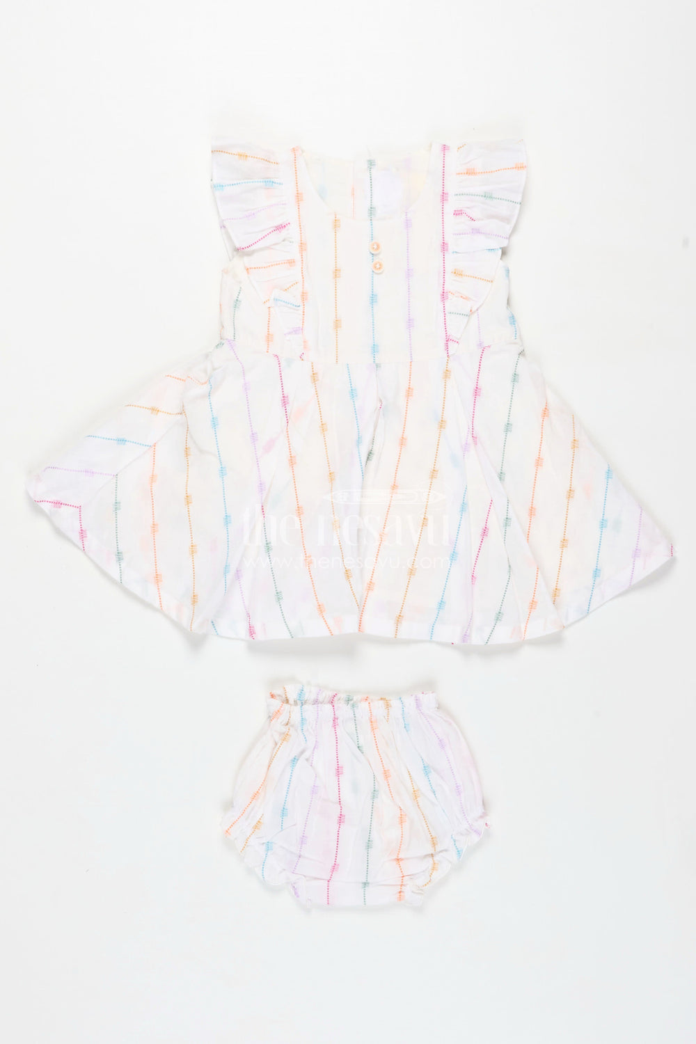 The Nesavu Baby Cotton Frocks Chhoti Bacchi Ka Frock in Soft Cotton with Multicolour Stripes and Matching Bloomers for Daily Comfort Nesavu 12 (3M) / White BFJ803A-12 Nesavu Chhoti Bacchi Ka Frock Multicolour Cotton Stripes Bloomers Daily Baby Wear
