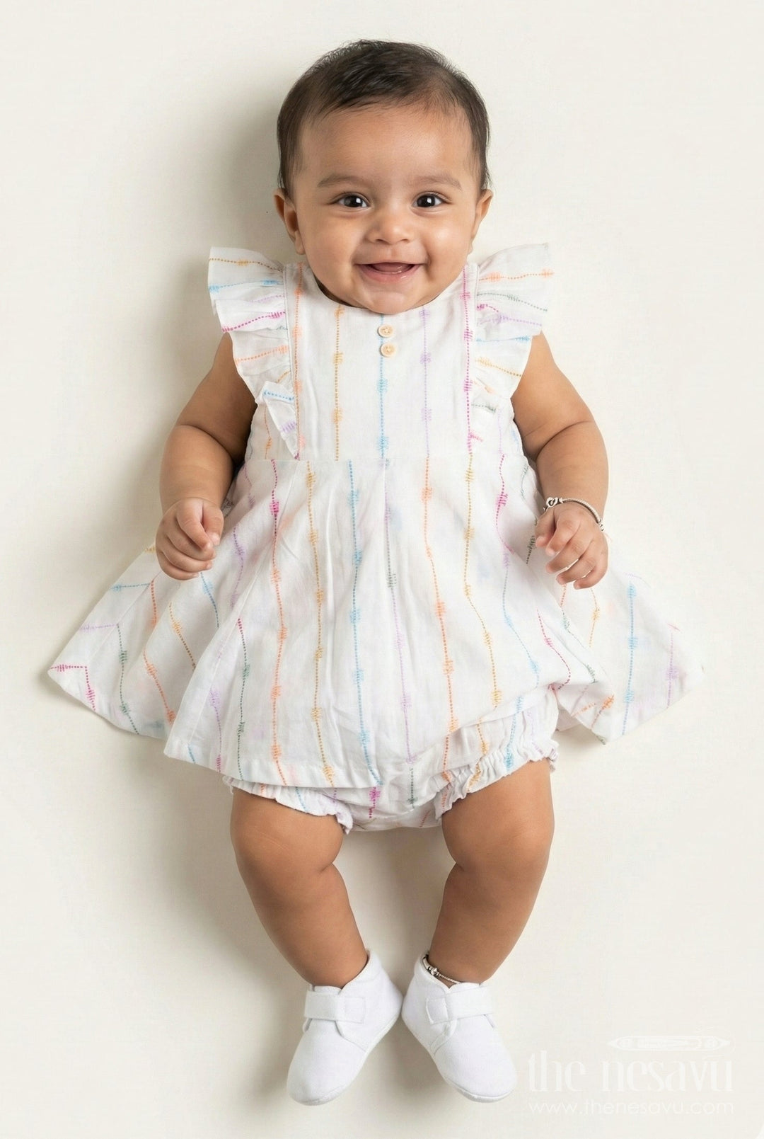 The Nesavu Baby Cotton Frocks Chhoti Bacchi Ka Frock in Soft Cotton with Multicolour Stripes and Matching Bloomers for Daily Comfort Nesavu 12 (3M) / White BFJ803A-12 Nesavu Chhoti Bacchi Ka Frock Multicolour Cotton Stripes Bloomers Daily Baby Wear