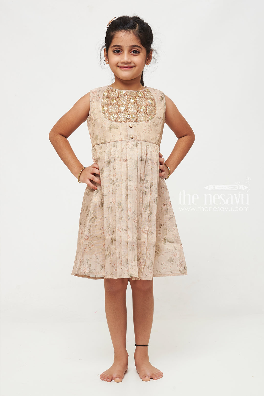 The Nesavu Girls Cotton Frock Chic Beige Floral Cotton Frock for Girls Nesavu Buy Beige Floral Cotton Frock for Girls | Elegant   Comfortable | The Nesavu