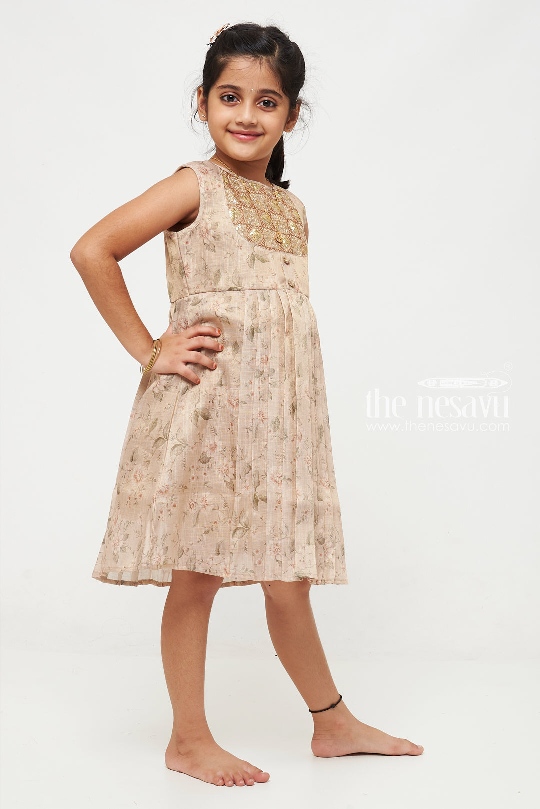 The Nesavu Girls Cotton Frock Chic Beige Floral Cotton Frock for Girls Nesavu Buy Beige Floral Cotton Frock for Girls | Elegant   Comfortable | The Nesavu