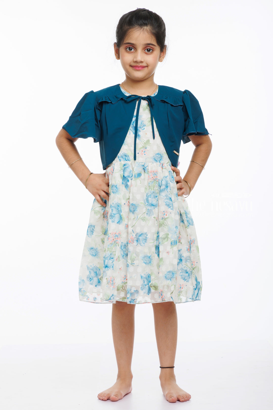 The Nesavu Girls Fancy Frock Chic Blue Floral Cotton Dress with Stylish Jacket for Girls Nesavu 20 (3Y) / Blue / Georgette GFC1306B-20 Girls Summer Cotton Dress with Jacket | Elegant Floral Maxi  Stylish Bolero | The Nesavu