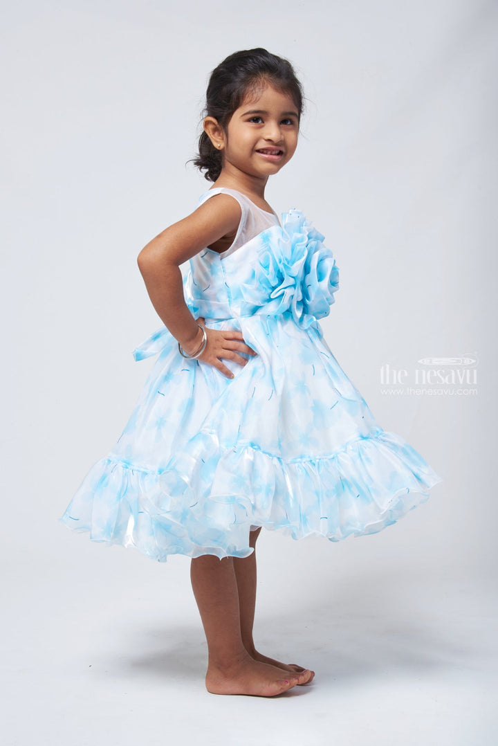 The Nesavu Party Frock Chic Blue Organza Party Dress: Designer Floral Bow & Flared Style for Girls Nesavu Flared Blue Party Frock for Girls | Designer Wear for Girls | The Nesavu