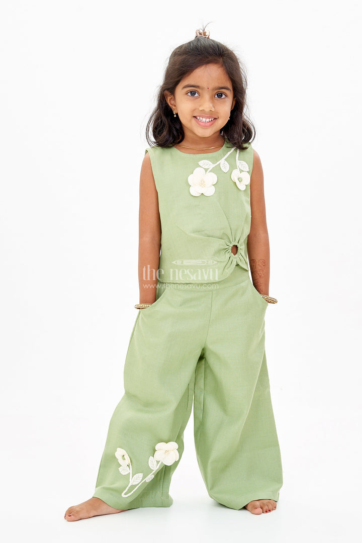 The Nesavu Girls Co-Ord Sets Chic Casual Dress Casual Set for Girls with Floral Embellishments and Wide-Leg Plazo Nesavu 18 (2Y) / Green GPS533A-18 Chic Casual Dress Casual Set Girls Floral Embellishments Wide-Leg Plazo | The Nesavu
