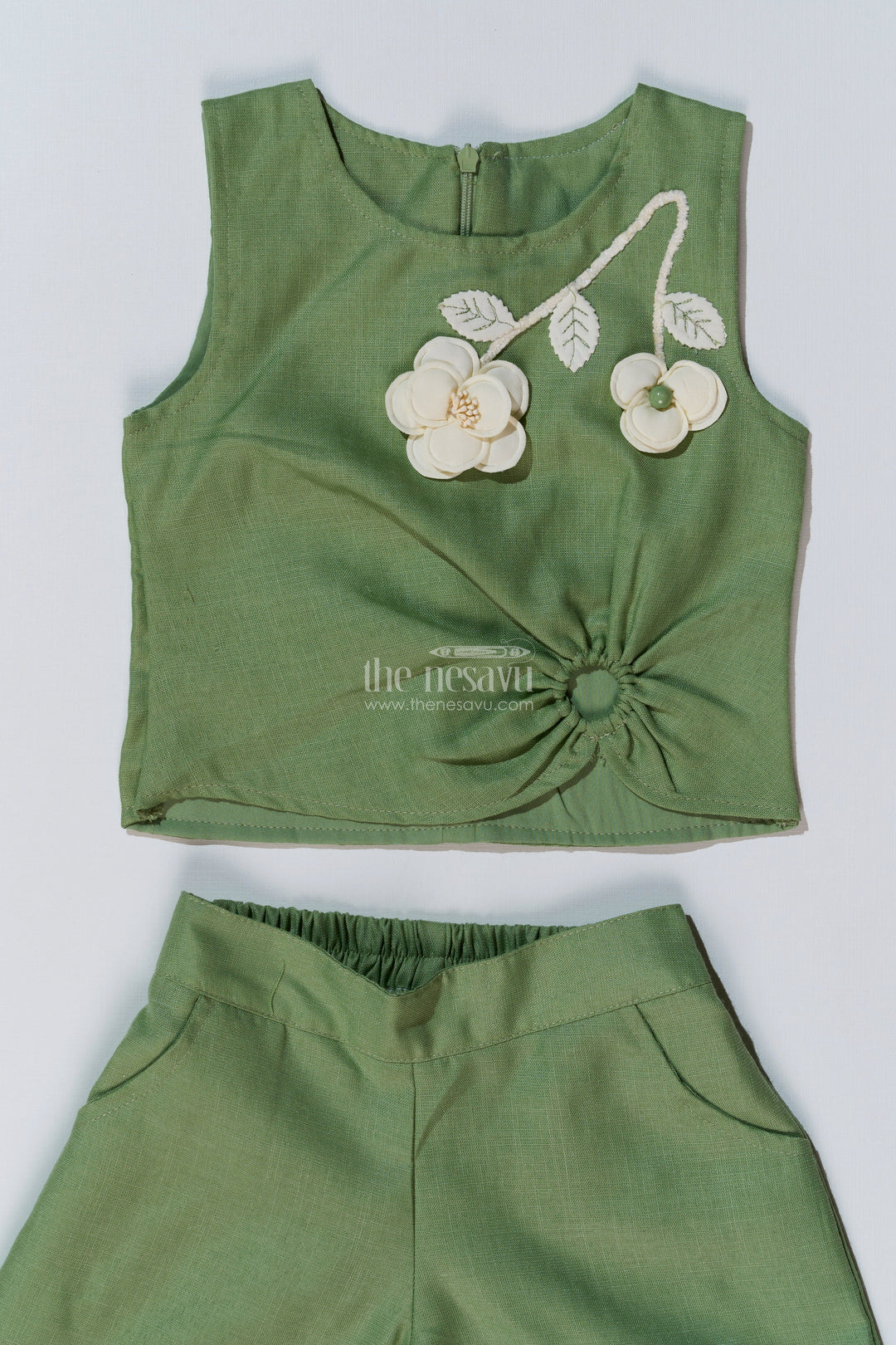 The Nesavu Girls Co-Ord Sets Chic Casual Dress Casual Set for Girls with Floral Embellishments and Wide-Leg Plazo Nesavu Chic Casual Dress Casual Set Girls Floral Embellishments Wide-Leg Plazo | The Nesavu