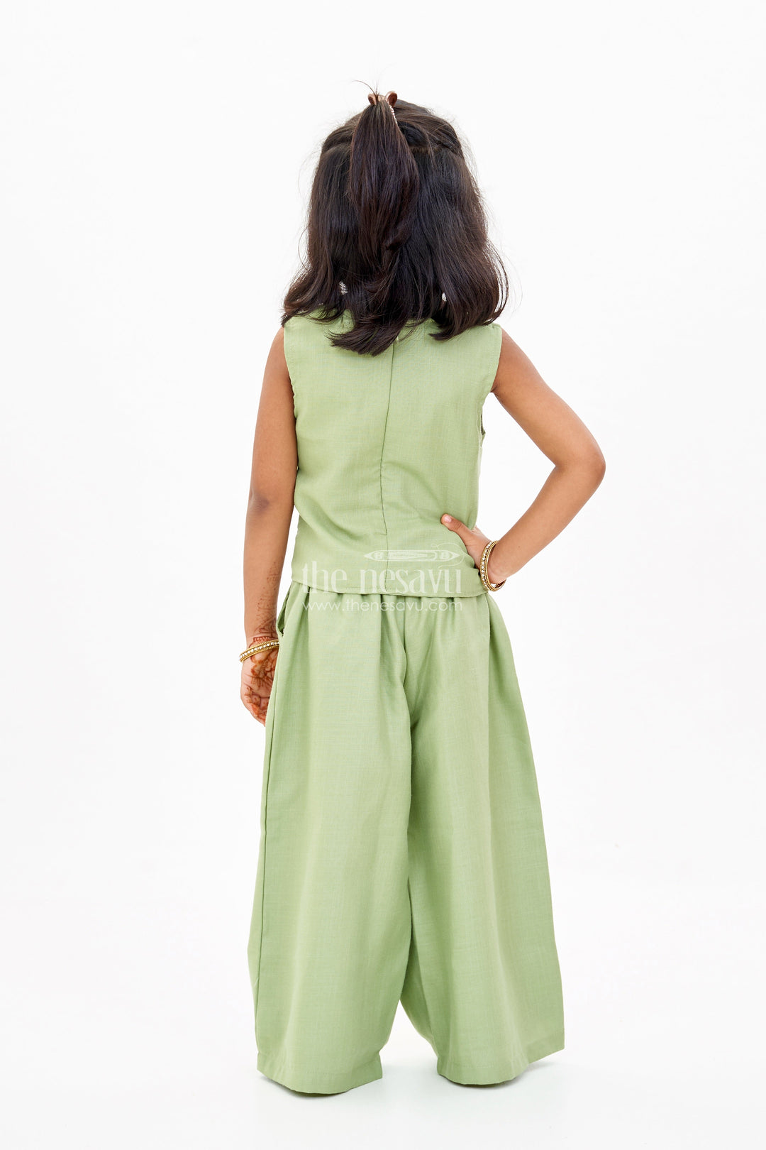 The Nesavu Girls Co-Ord Sets Chic Casual Dress Casual Set for Girls with Floral Embellishments and Wide-Leg Plazo Nesavu Chic Casual Dress Casual Set Girls Floral Embellishments Wide-Leg Plazo | The Nesavu