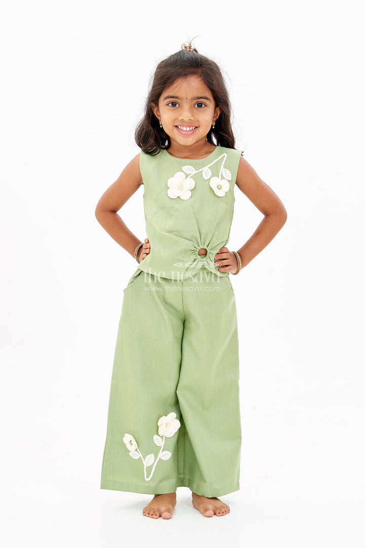 The Nesavu Girls Co-Ord Sets Chic Casual Dress Casual Set for Girls with Floral Embellishments and Wide-Leg Plazo Nesavu Chic Casual Dress Casual Set Girls Floral Embellishments Wide-Leg Plazo | The Nesavu