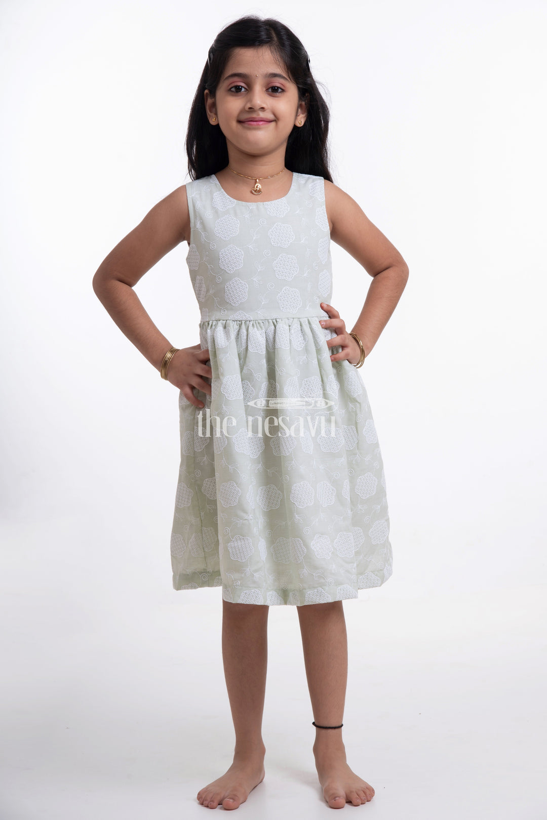 The Nesavu Girls Cotton Frock Chic Cotton Frocks for Little Ladies - Sleeveless Chikankari Baby Dress in Green Nesavu Chic Cotton Frocks for Little Ladies - Nesavu | Sleeveless Chikankari Dress