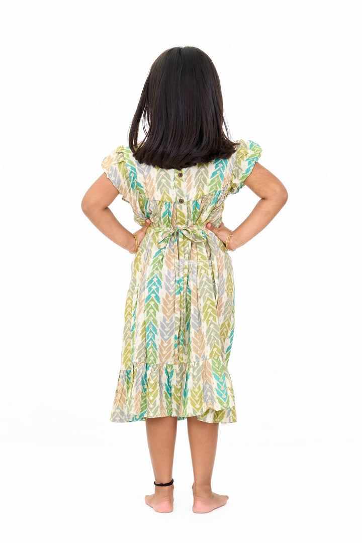 The Nesavu Girls Cotton Frock Chic Girls Cotton Summer Frock with Chevron Pattern and Breathable Rayon Fabric Nesavu Girls Cotton Summer Frock Chevron Print Lace Yoke Ruffled Hemline | The Nesavu