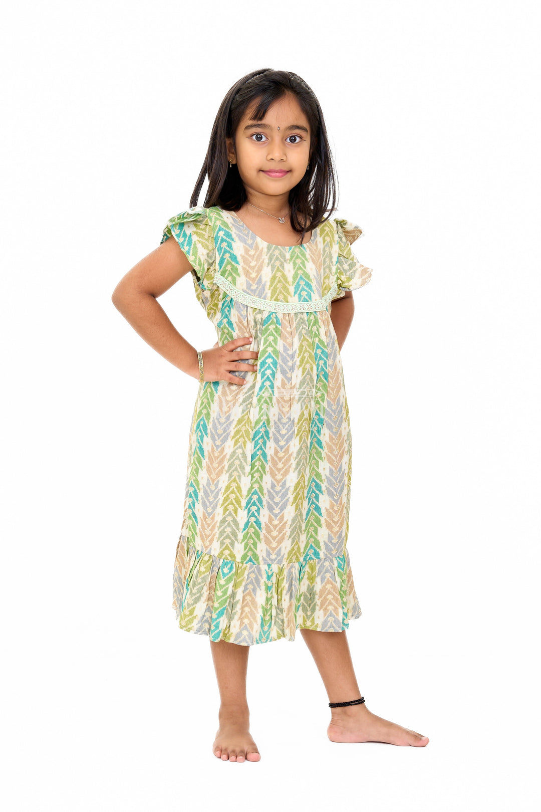 The Nesavu Girls Cotton Frock Chic Girls Cotton Summer Frock with Chevron Pattern and Breathable Rayon Fabric Nesavu Girls Cotton Summer Frock Chevron Print Lace Yoke Ruffled Hemline | The Nesavu