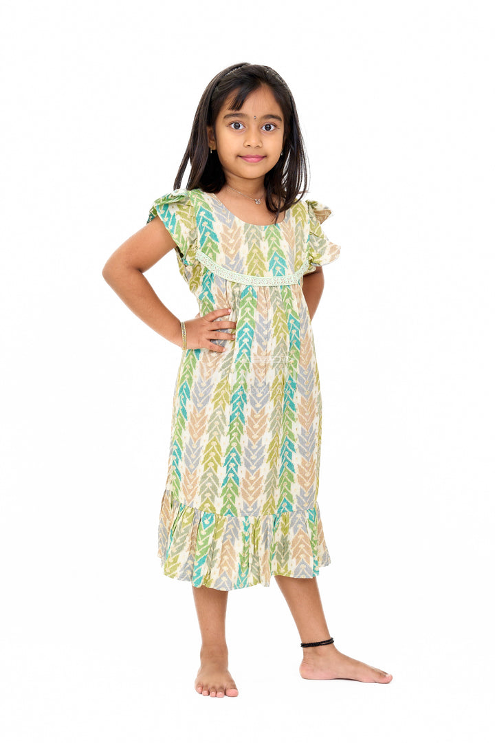 The Nesavu Girls Cotton Frock Chic Girls Cotton Summer Frock with Chevron Pattern and Breathable Rayon Fabric Nesavu Girls Cotton Summer Frock Chevron Print Lace Yoke Ruffled Hemline | The Nesavu