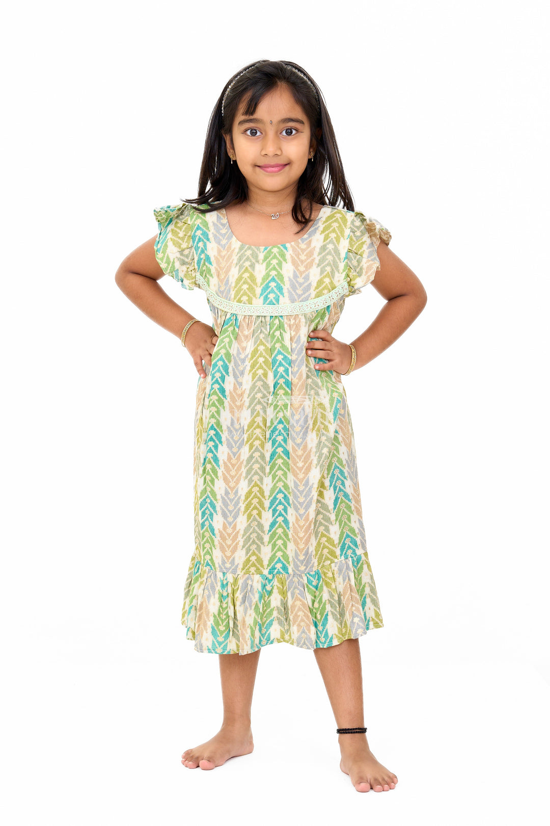 The Nesavu Girls Cotton Frock Chic Girls Cotton Summer Frock with Chevron Pattern and Breathable Rayon Fabric Nesavu Girls Cotton Summer Frock Chevron Print Lace Yoke Ruffled Hemline | The Nesavu