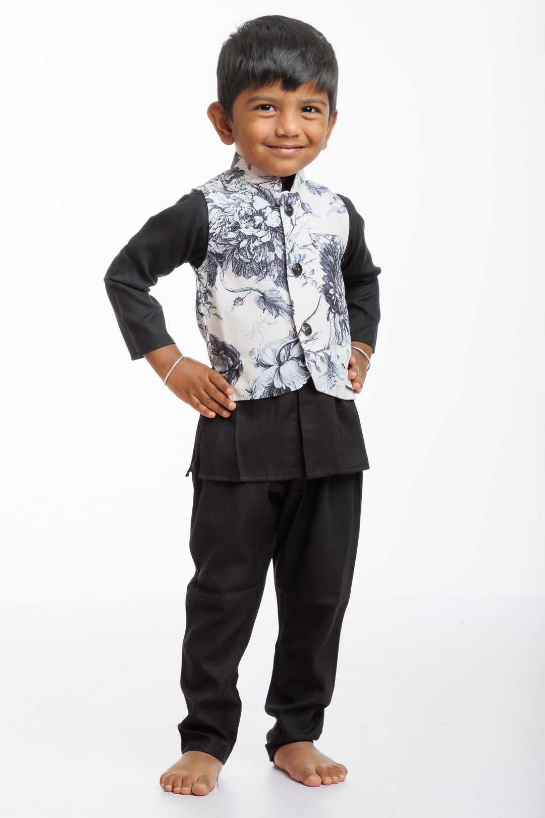 The Nesavu Boys Jacket Sets Chic Monochrome Floral Kurta Pajama with Jacket for Boys Nesavu 14 (6M) / Black / Cotton Linen BES521A-14 Boys Monochrome Floral Jacket Kurta Pajama Set | Elegant Wedding Attire | The Nesavu
