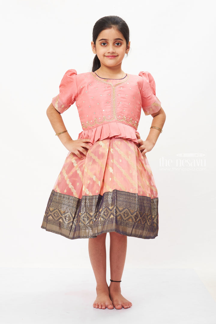 The Nesavu Silk Party Frock Chic Pink Peplum Pattu Silk Frock with Blouse for Girls - A Festive Favorite Nesavu Shop Luxury Pink Pattu Peplum Silk Frocks for Girls | Designer Kids Party Wear | The Nesavu