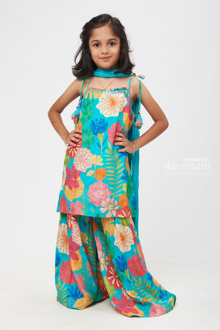 The Nesavu Girls Sharara / Plazo Set Chic Turquoise Ensemble: Floral Print Designer Top & Gharara for Trendsetting Girls- Gharara Designer Suit for Wedding Nesavu 16 (1Y) / Turquoise / Modal GPS206A-16 Stylish Kurti with Gharara for Kids | Designer Gharara pant set for girls | The Nesavu