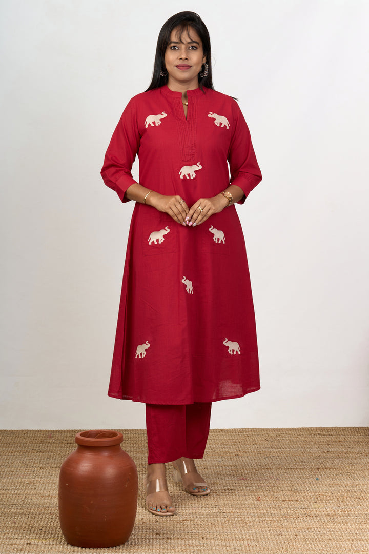 The Nesavu Womens Flared Kurthas Chic Womens Flared Kurta with Elephant Motif Embroidery in Red Cotton Fabric Nesavu 38 (M) / Red WTW045A-38 Red Cotton Flared Kurta Women Elephant Motifs Nesavu