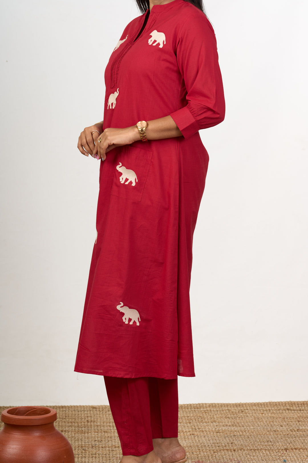 The Nesavu Womens Flared Kurthas Chic Womens Flared Kurta with Elephant Motif Embroidery in Red Cotton Fabric Nesavu Red Cotton Flared Kurta Women Elephant Motifs Nesavu