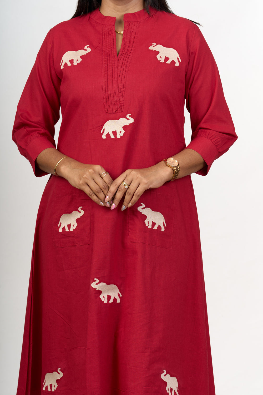 The Nesavu Womens Flared Kurthas Chic Womens Flared Kurta with Elephant Motif Embroidery in Red Cotton Fabric Nesavu Red Cotton Flared Kurta Women Elephant Motifs Nesavu