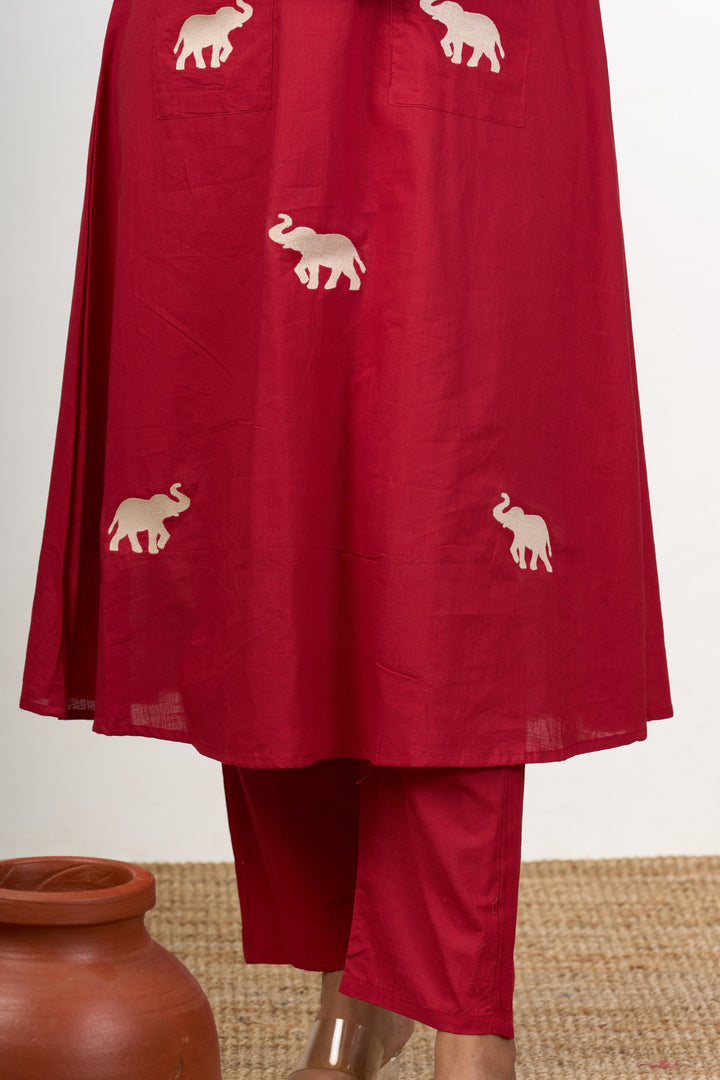 The Nesavu Womens Flared Kurthas Chic Womens Flared Kurta with Elephant Motif Embroidery in Red Cotton Fabric Nesavu Red Cotton Flared Kurta Women Elephant Motifs Nesavu