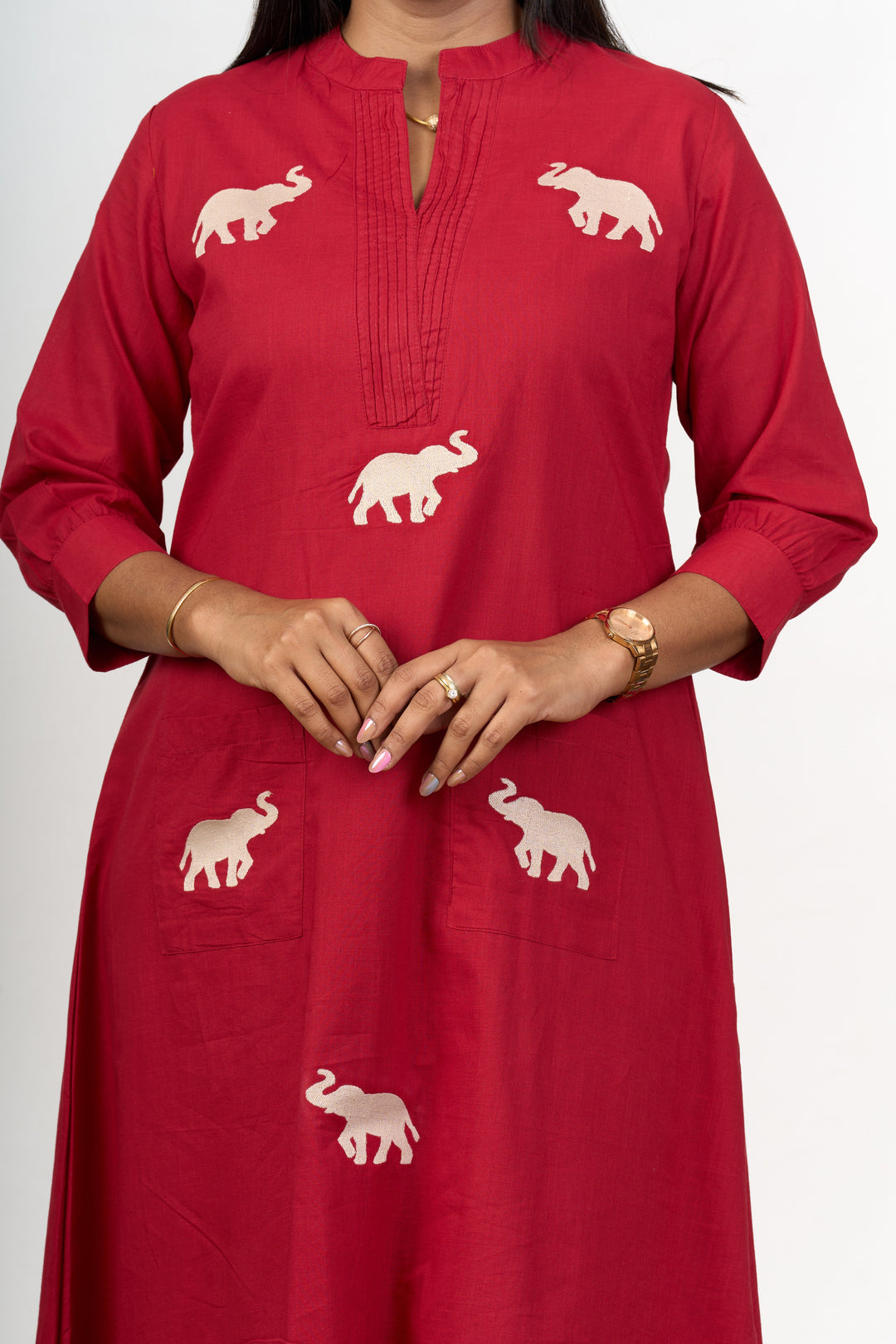 The Nesavu Womens Flared Kurthas Chic Womens Flared Kurta with Elephant Motif Embroidery in Red Cotton Fabric Nesavu Red Cotton Flared Kurta Women Elephant Motifs Nesavu