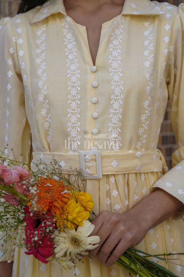 The Nesavu Womens Flared Kurthas Chic Yellow Womens Casual Dresses in Georgette with Button-Down Detail and Belted Waist Nesavu Yellow Georgette Womens Casual Dresses Puff Sleeves Belted Design | The Nesavu