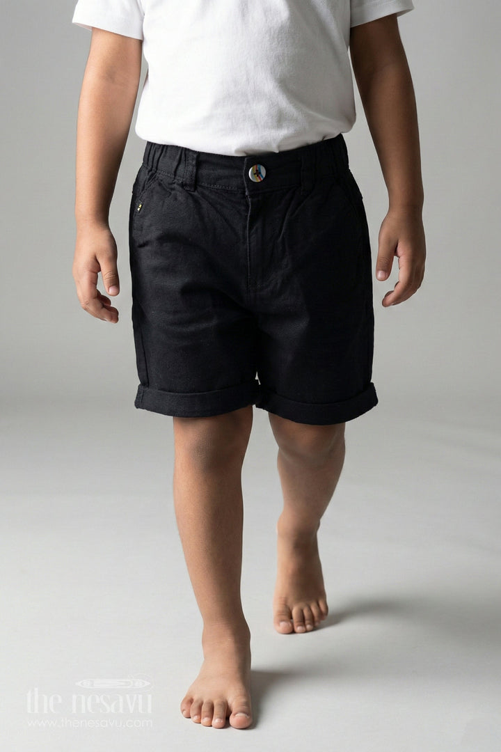 The Nesavu Boys Shorts Childrens Black Shorts in Cotton with Turned Hems and Soft Waistband for All Day Comfort Nesavu 18 (2Y) / Black BWS018A-18 Childrens Black Shorts Cotton Turned Hem Design Adjustable Waistband | The Nesavu