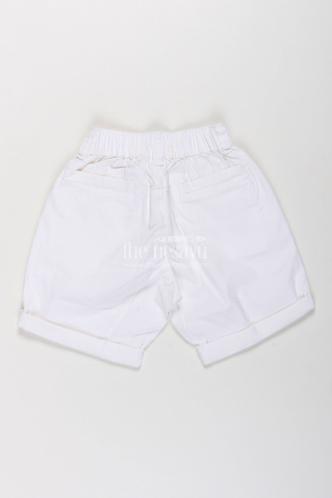 The Nesavu Boys Shorts Childrens Shorts for Boys in Off White Cotton with Turned Hems and Elastic Waist Fit Nesavu Childrens Shorts Boys Off White Cotton Rolled Hem Button Waist | The Nesavu