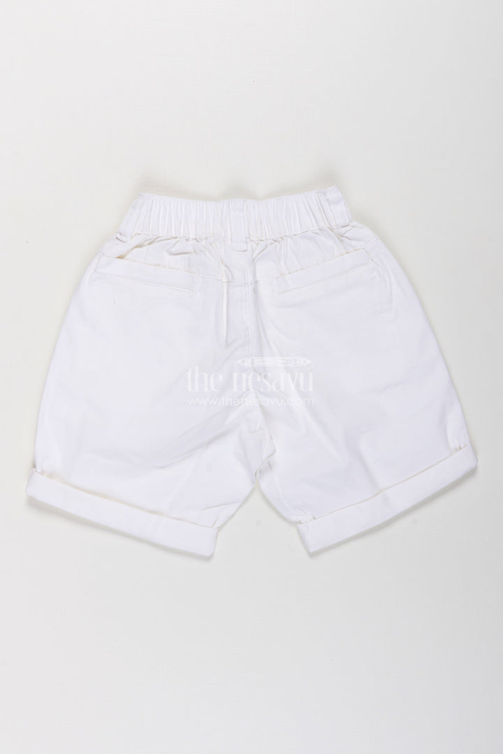 The Nesavu Boys Shorts Childrens Shorts for Boys in Off White Cotton with Turned Hems and Elastic Waist Fit Nesavu Childrens Shorts Boys Off White Cotton Rolled Hem Button Waist | The Nesavu
