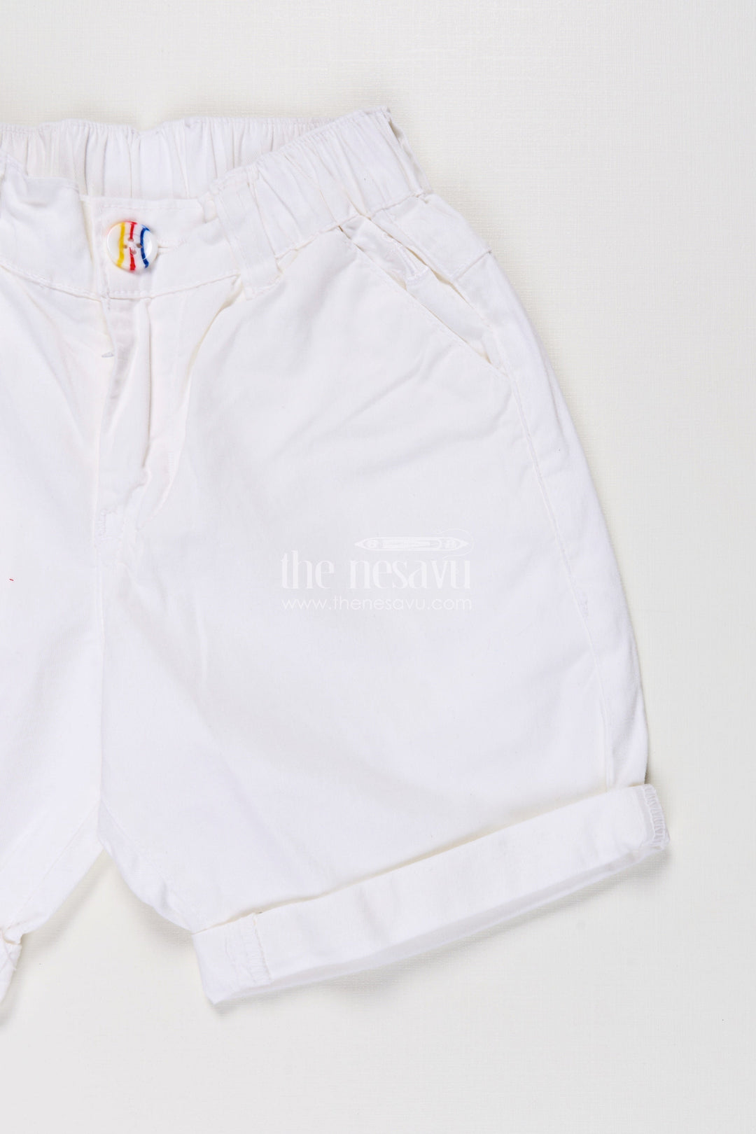 The Nesavu Boys Shorts Childrens Shorts for Boys in Off White Cotton with Turned Hems and Elastic Waist Fit Nesavu Childrens Shorts Boys Off White Cotton Rolled Hem Button Waist | The Nesavu