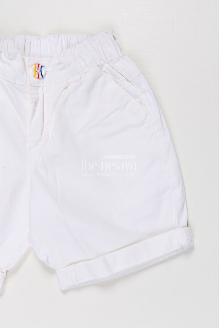 The Nesavu Boys Shorts Childrens Shorts for Boys in Off White Cotton with Turned Hems and Elastic Waist Fit Nesavu Childrens Shorts Boys Off White Cotton Rolled Hem Button Waist | The Nesavu