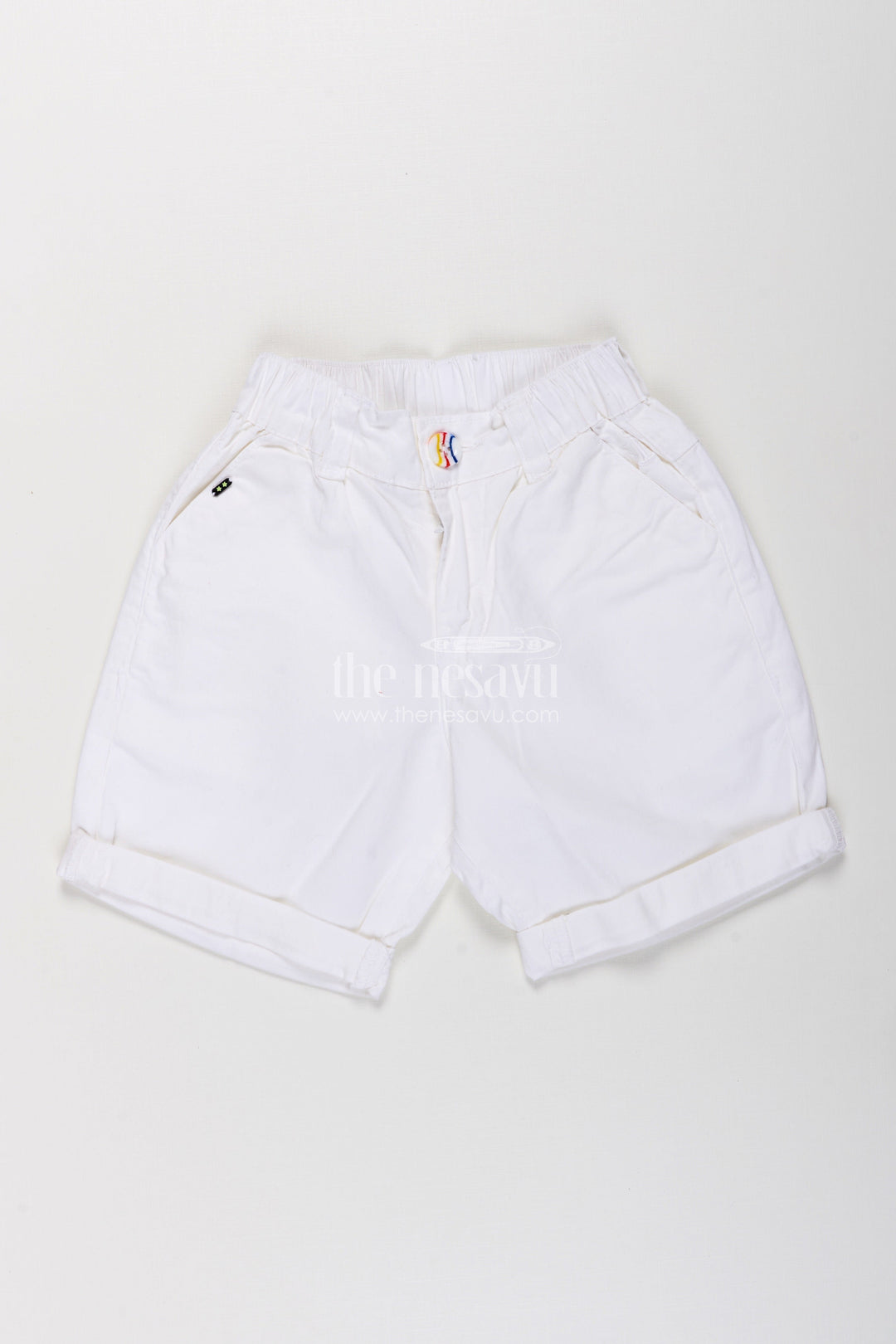 The Nesavu Boys Shorts Childrens Shorts for Boys in Off White Cotton with Turned Hems and Elastic Waist Fit Nesavu Childrens Shorts Boys Off White Cotton Rolled Hem Button Waist | The Nesavu