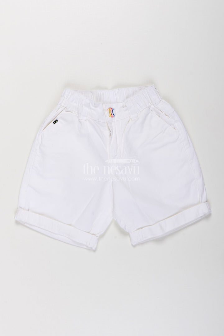 The Nesavu Boys Shorts Childrens Shorts for Boys in Off White Cotton with Turned Hems and Elastic Waist Fit Nesavu Childrens Shorts Boys Off White Cotton Rolled Hem Button Waist | The Nesavu