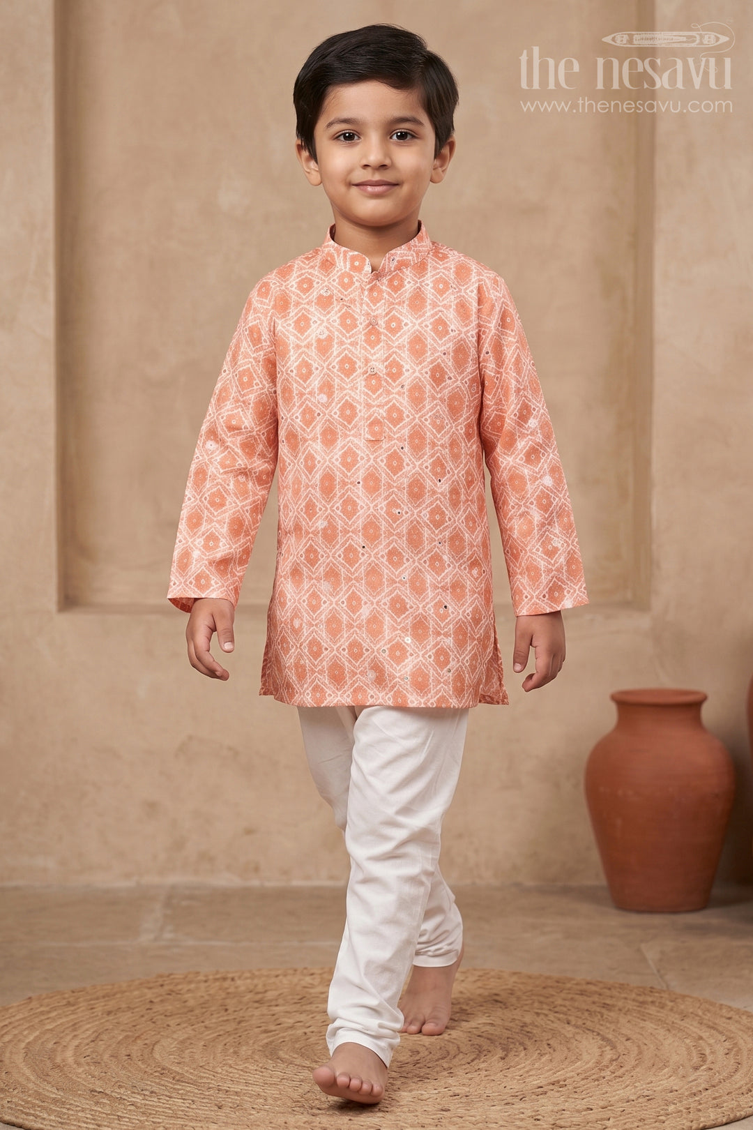 The Nesavu Boys Kurtha Set Citrus Charm: Mirror-Embroidered Geometric Printed Orange Kurta Shirt & Pant Set for Boys Nesavu 14 (6M) / Orange / Silk Blend BES400A-14 Premium Boys Kurta with Pant Collections | The Nesavu