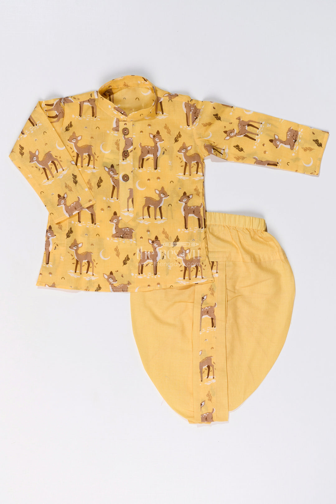 The Nesavu Boys Dothi Set Classic Boys Bengali Dhoti Kurta Set in Cotton with Deer Print for Traditional Elegance Nesavu 12 (3M) / Yellow BES659A-12 Boys Bengali Dhoti Kurta Set Cotton Deer Print Festive Wear | The Nesavu